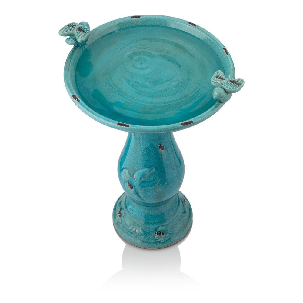 Turquoise Ceramic Pedestal Bird Bath with Bird Figurines