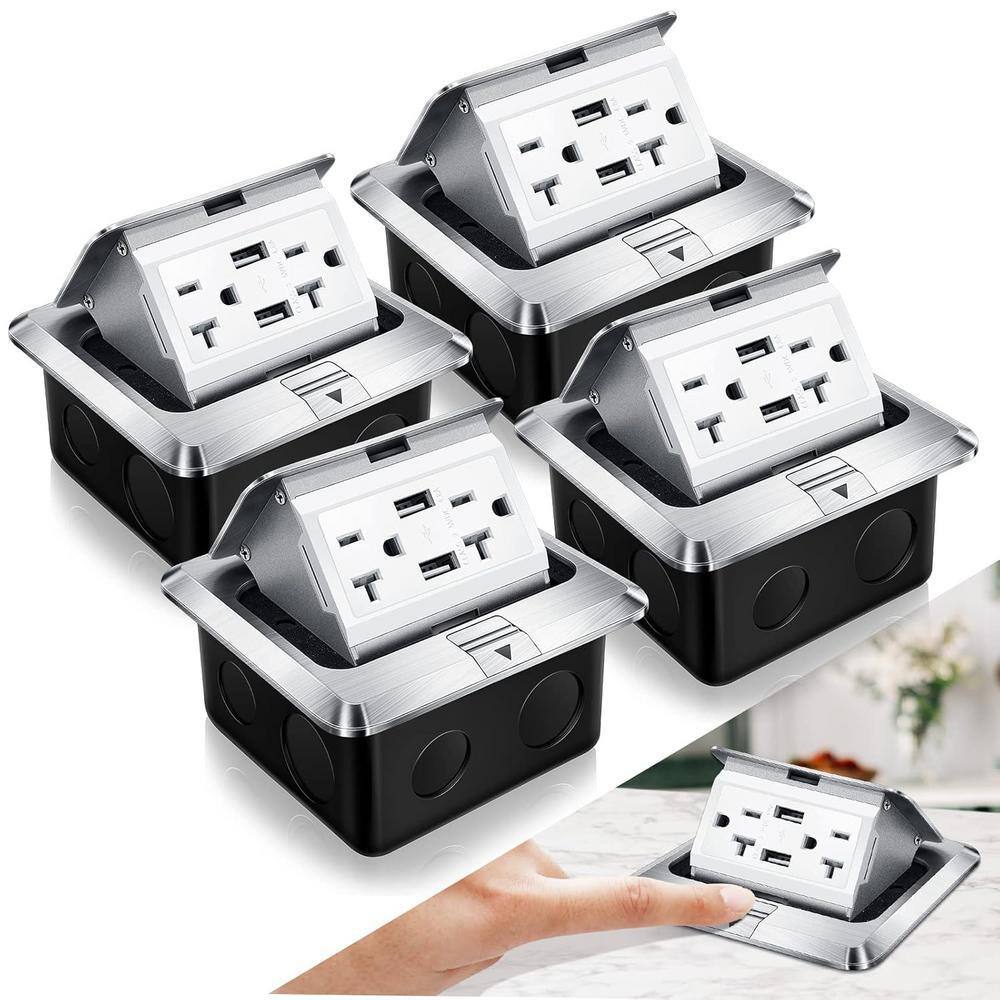 Silver 20A Tamper Resistant Pop-Up Floor Outlet Kit with USB Ports