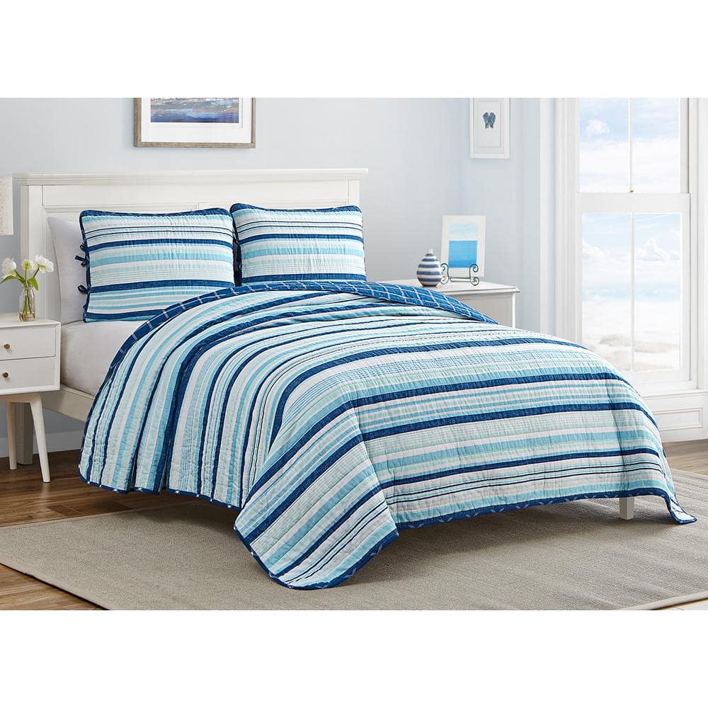 Newport Stripe King Cotton Reversible Quilt Set in Blue