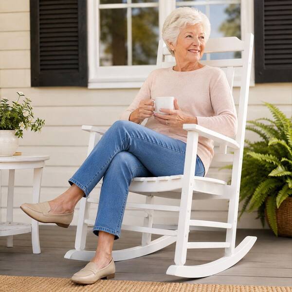 KOZYARD Porch Rocker Solid White Wood Outdoor Rocking Chair