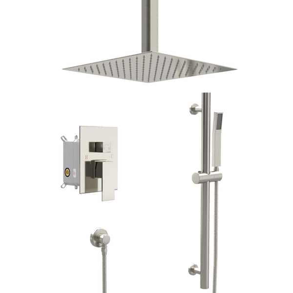 Dimakai 2-Spray Patterns with 1.8 GPM 16 in. Ceiling Mount Dual Shower Heads in Brushed Nickel (Lifting Bar Included)