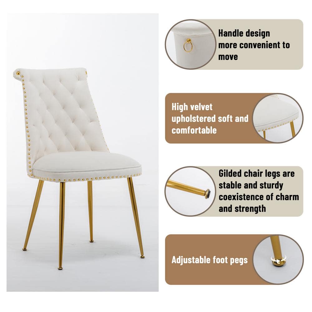 Beige Velvet Upholstered Side Chair with Gold Metal Legs