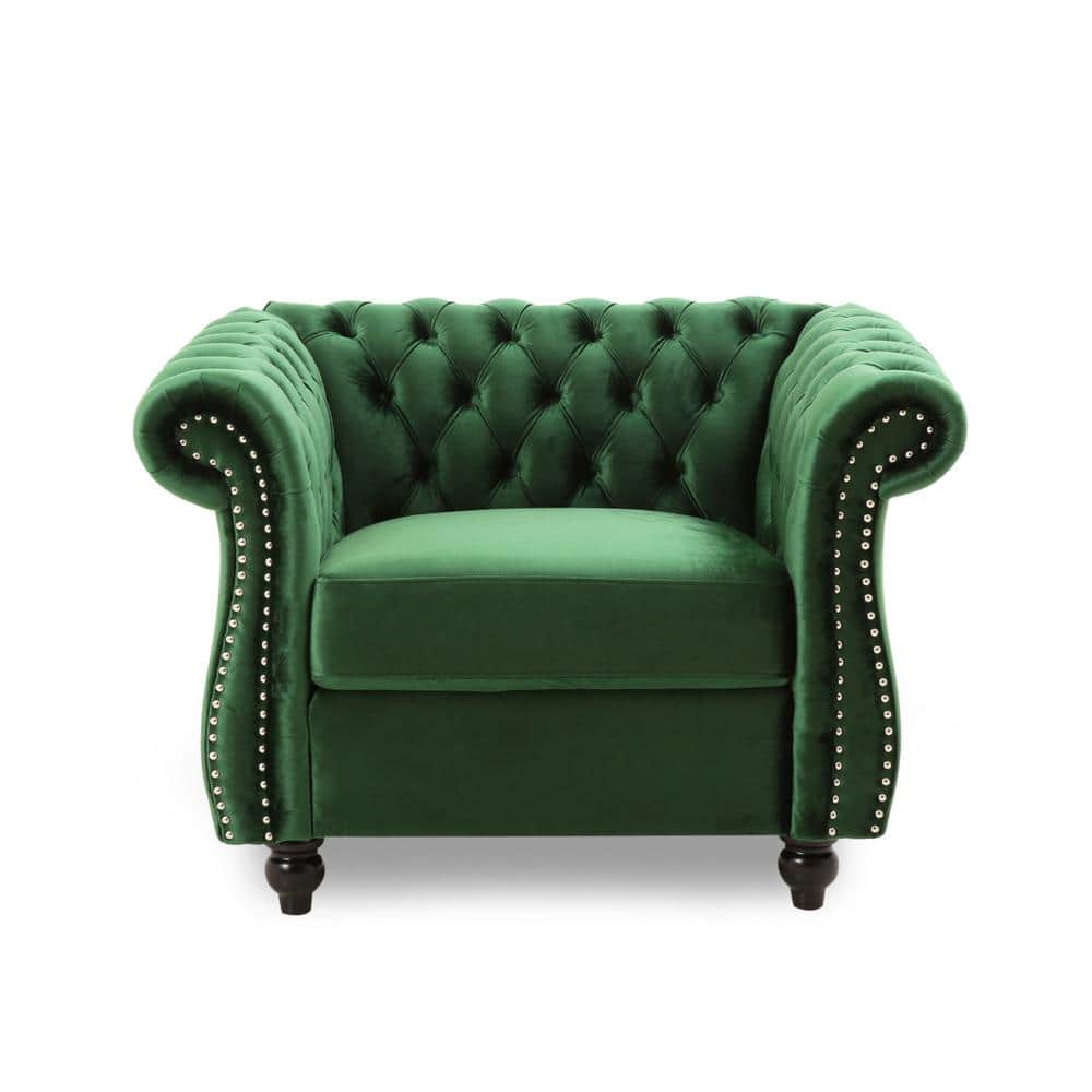 Emerald Velvet Chesterfield Accent Chair with Birch Wood Legs