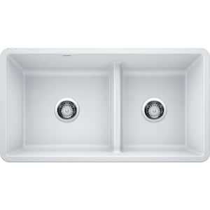 PRECIS Undermount Granite Composite 33 in. 60/40 Double Bowl Kitchen Sink with Low Divide in White
