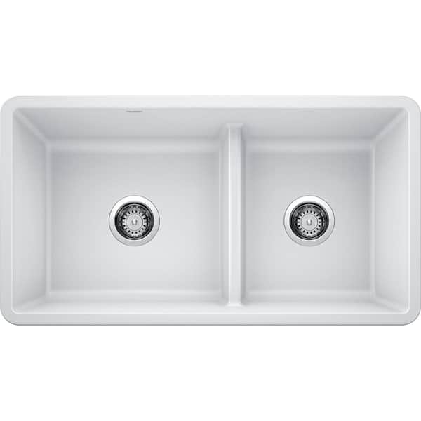 Blanco PRECIS Undermount Granite Composite 33 in. 60/40 Double Bowl Kitchen Sink with Low Divide in White