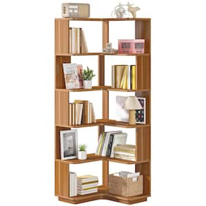 Jannelly 65 in. Tall Wood Color Engineered Wood 6-Shelf Corner Standard Bookcase Bookshelf with Anti-Drop Panel