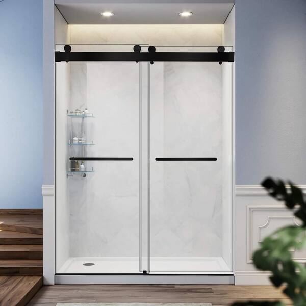 WELLFOR 60 in. W x 70 in. H Double Sliding Frameless Shower Door in Brushed Gold with 6 mm Clear Glass