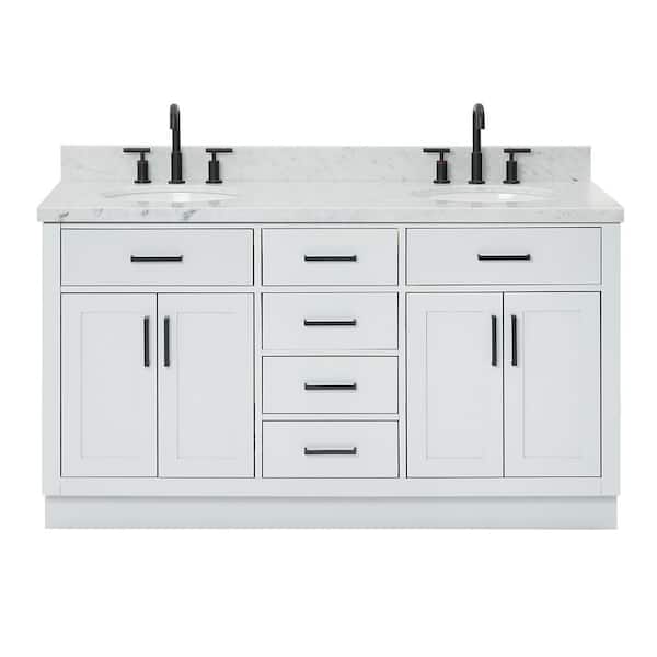 Hepburn 60 in. W x 22 in. D x 36 in. H Bath Vanity in Gray with Carrara Marble Vanity Top in White with White Basins