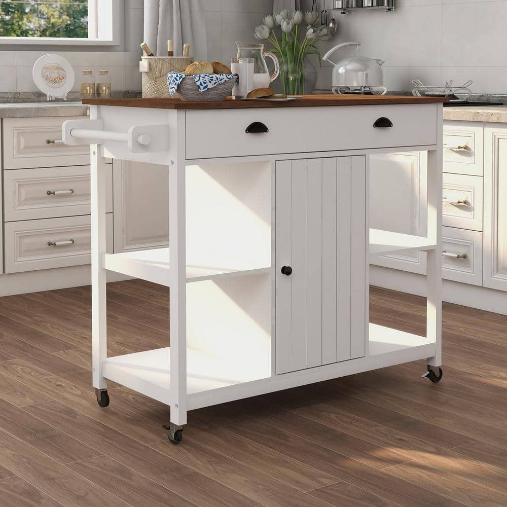 FUNKOL 5-Tier White Wood Top 39.57 in. W Freestanding Kitchen Island ...