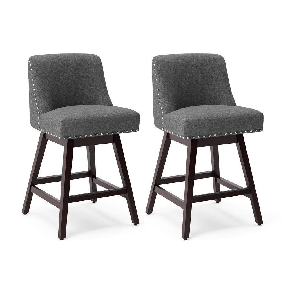 Charcoal Gray Swivel Counter Height Bar Stools with Wood Legs, Set of 2