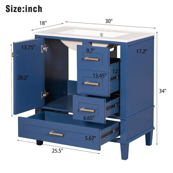 Ziyudura 30 in. Single Sink Freestanding Blue Bath Vanity with