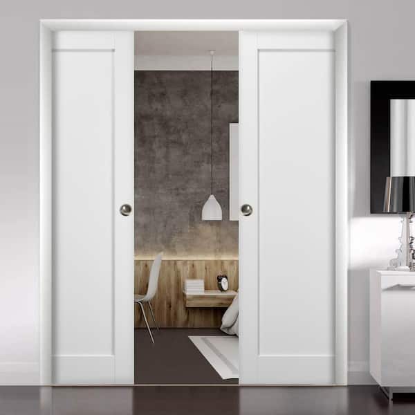 84 in. x 96 in. Single Panel White Finished Solid MDF Sliding Door with Double Pocket Hardware