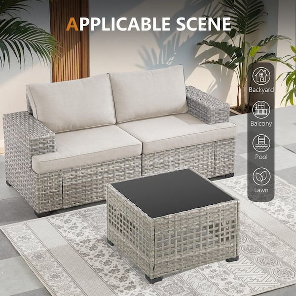ModuVine Taupe 6-Piece Wicker Outdoor Sectional Set Patio Coversation Sofa with Beige Cushions and Coffee Table