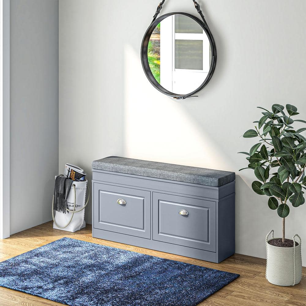 Gray Modern Shoe Rack Bench with Cushion and Storage Drawers