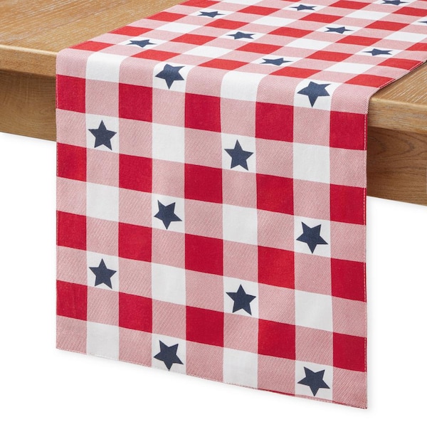 MARTHA STEWART 14 in. W x 72 in. L Red and White Cotton Americana Stars Gingham Table Runner Set (set of 1)