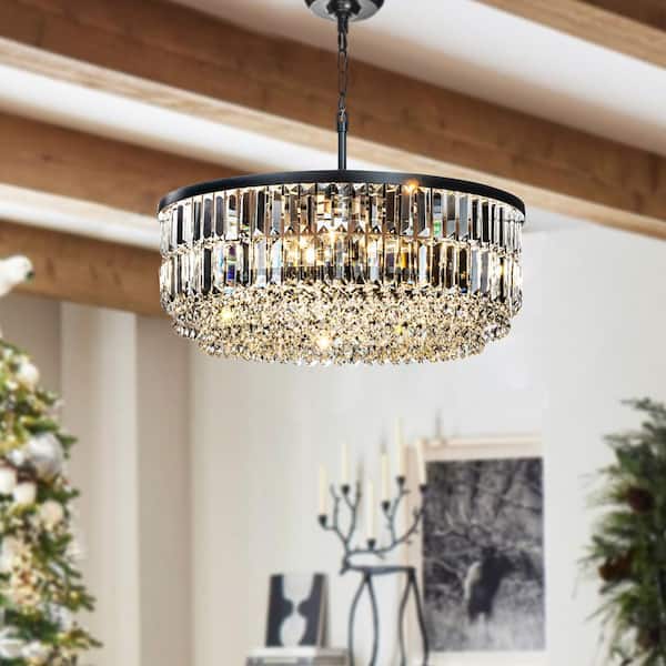 ALOA DECOR 5-Light 24 in. Modern Glam Matte Black Round Chandelier With Clear Crystal