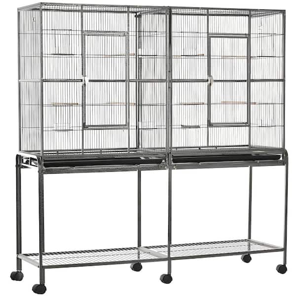 65 in. Double Rolling Metal Bird Cage w/ Detachable Rolling Stand, Storage Shelf, Perch and Food Container, Bird House