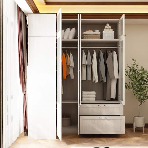 Light Oak Wood 67 in. Bedroom Armoire with Frosted Glass Doors and Hanging Rods