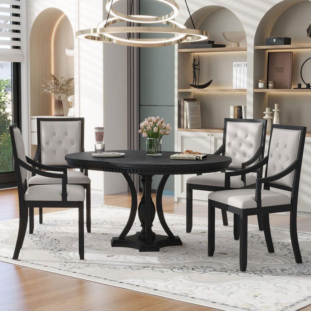 Noble House Ridgefield 5-Piece Round Black Oak Finish MDF Wood Top