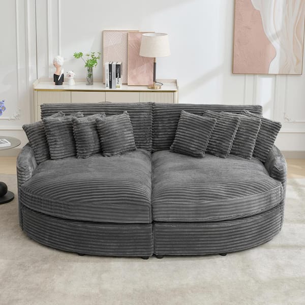 JEAREY 100.78 in. Dark Grey Corduroy Detachable Sofa with Eight Pillows