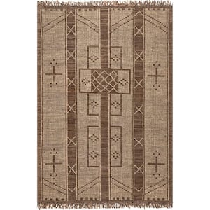 Natural 8 ft. x 10 ft. Maddy Handmade Jute and Leather Global Inspired Tribal Fringe Area Rug