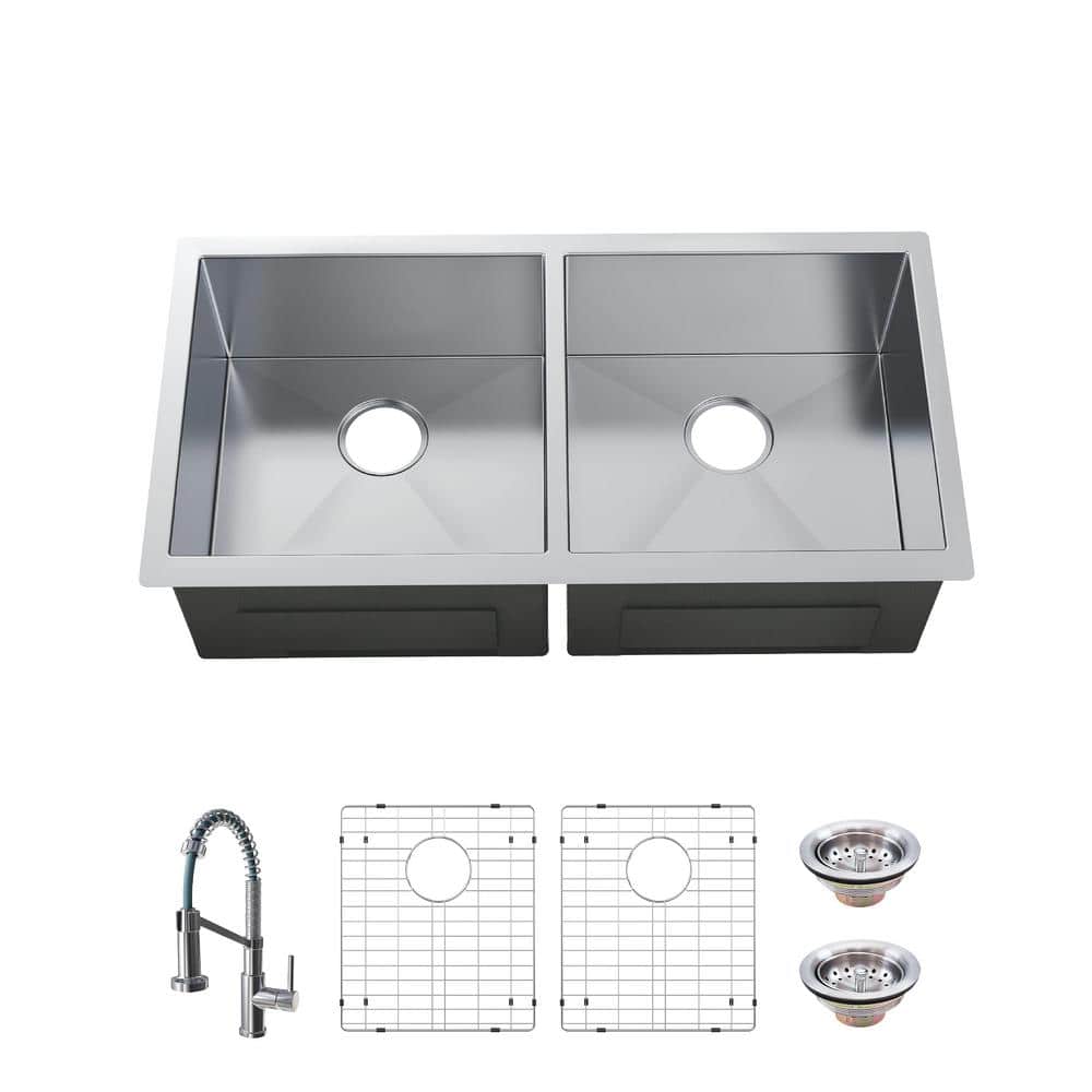 Glacier Bay All-in-One Zero Radius Undermount 16G Stainless Steel 32 in. 50/50 Double Bowl Kitchen Sink with Spring Neck Faucet, Silver