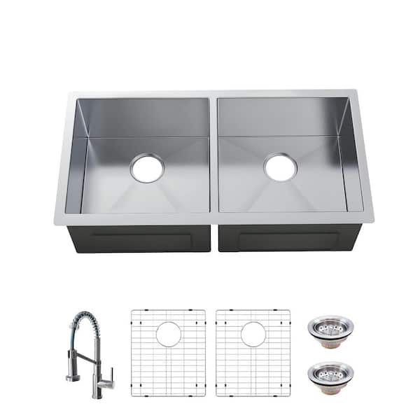 Glacier Bay Professional Zero Radius 32 in. Undermount Double Bowl 16 Gauge Stainless Steel Kitchen Sink with Spring Neck Faucet
