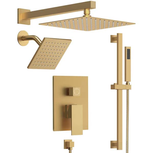 GRANDJOY 3 in. 1 square, Showers with Valve 3-Spray Dual Wall Mount 10 in. Fixed and Handheld Shower Head 2.5 GPM in Brushed Gold