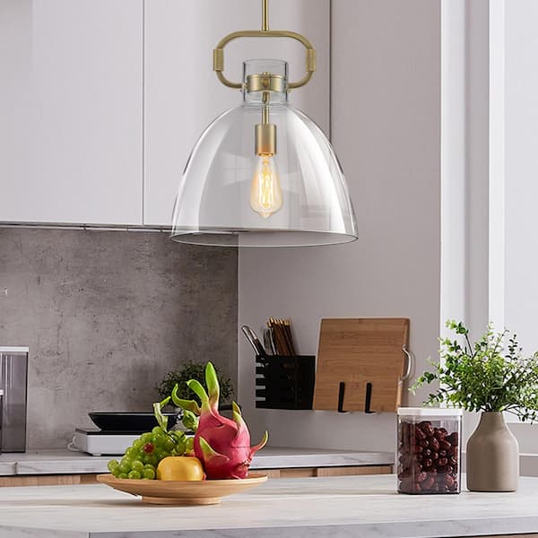 Modern 1-Light Gold Pendant Light with Clear Glass Dome Shade, Adjustable Rod Hanging Light for Kitchen Island, Dining