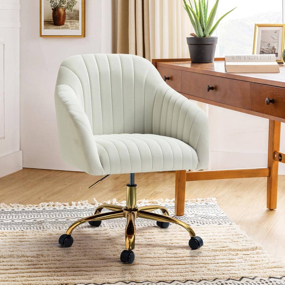 Ivory Velvet Swivel Task Chair with Golden Metal Legs