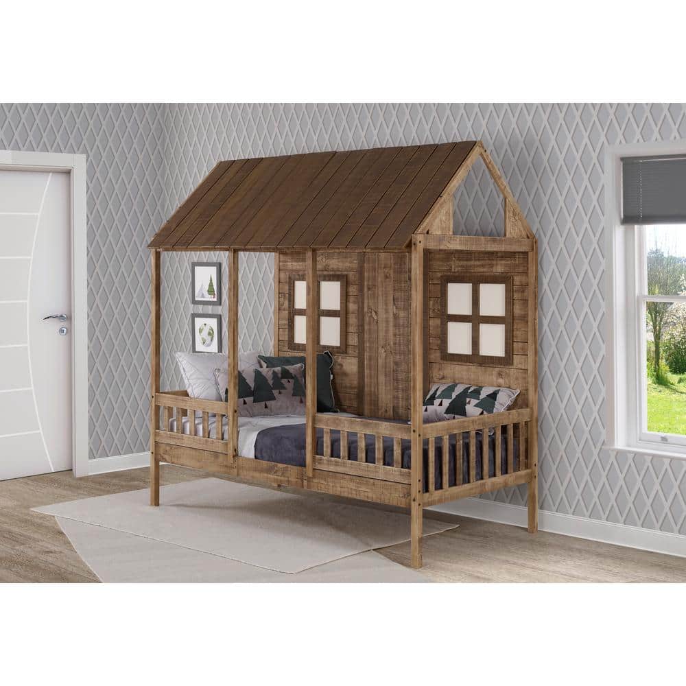 Twin Rustic Driftwood Pine Wood Low Loft Bed with Headboard