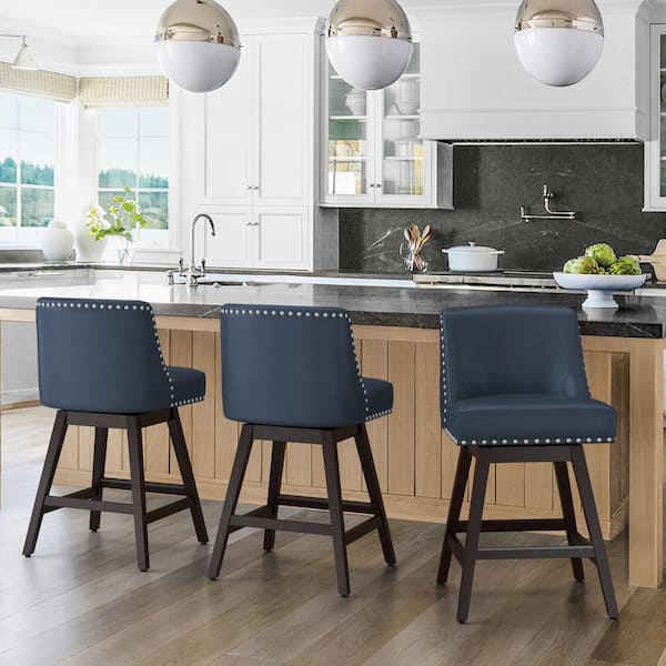 OrangeOne 26 in. Navy Blue Wood 360 Free Swivel Upholstered Counter Bar Stool w/Back Performance Faux Leather Bar Stool Set of 3