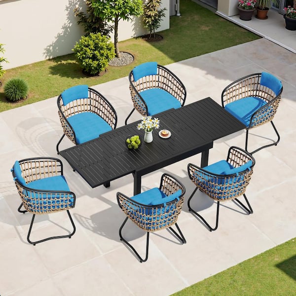7-Piece Metal 82.7 in. Outdoor Dining Set with Rattan Chairs and Blue Cushions