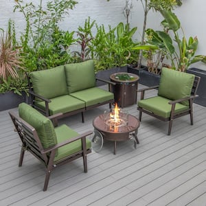 Walbrooke Brown 5-Piece Aluminum Round Patio Fire Pit Set with Green Cushions and Tank Holder