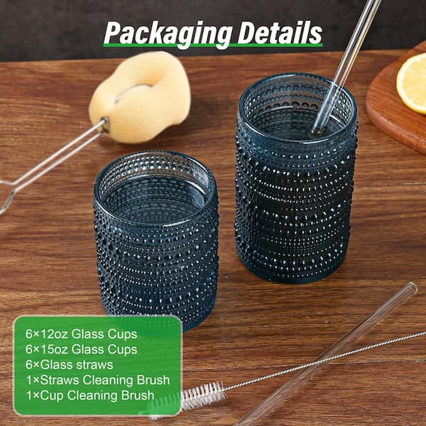 Wudkey 12-Piece Blue 12 oz. & 15 oz. Hobnail Glass Cups with 1 Cleaning Brush Embossed Water Tumbler for Beer Cocktail Whiskey