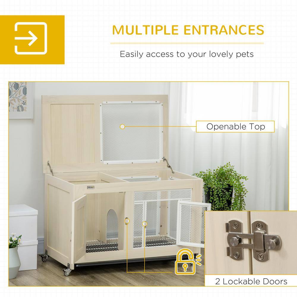 White Pinewood Indoor Guinea Pig Hutch with Wheels