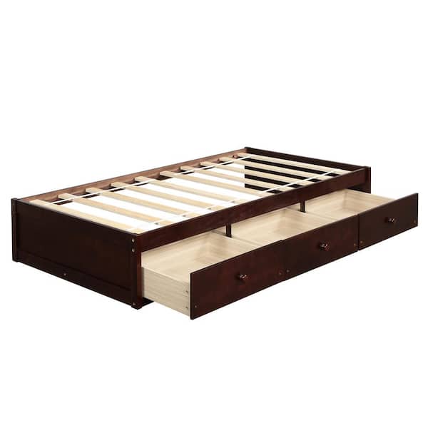 78 in. W Cherry Twin Size Wood Frame Platform Storage Bed with 3-Drawers