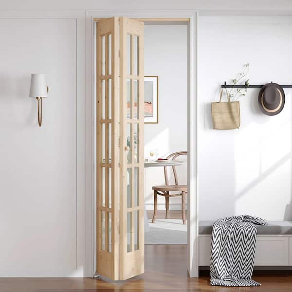28 in. x 80 in. Pre Assembled Clear Glass Unfinished Solid Core Wood Brown Unfinished Bi-fold Door with Hardware