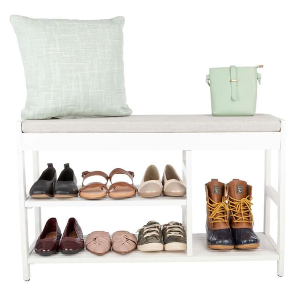 Shoe Storage Bench with Cushioned Seat, White