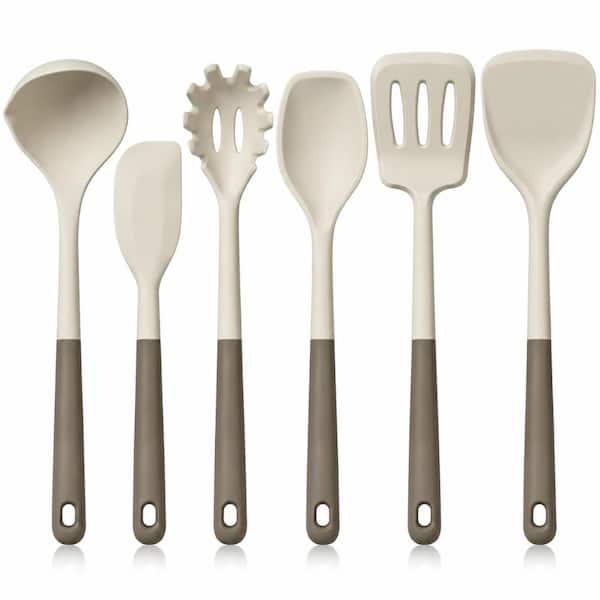 6-Piece Cream White and Mocha Silicone Cooking Utensil Set, 500F Heat-Resistant BPA-Free Non-Plastic Kitchen Tools
