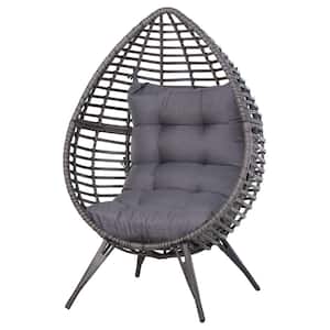 Black Teardrop Shaped Plastic Rattan Outdoor Lounge Chair with Grey Cushions & Pop-Out Drink Tray