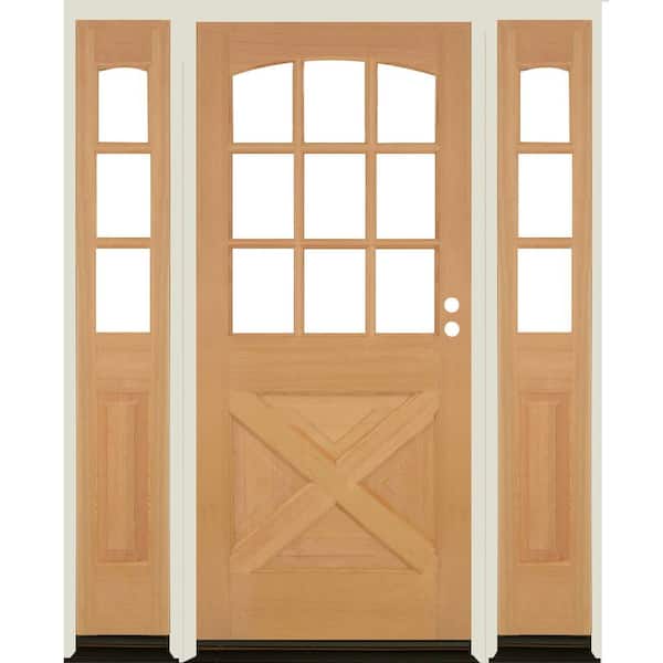Krosswood Doors 64 in. x 80 in. Farmhouse X Panel LH 1/2 Lite Clear Glass Unfinished Hemlock Prehung Front Door with DSL