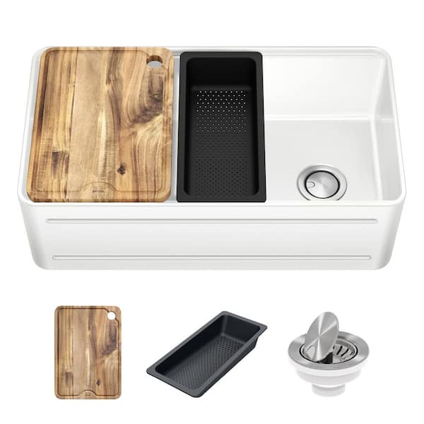 Turino Gloss White Fireclay 33 in. Single Bowl Farmhouse/Apron-Front Workstation Kitchen Sink with Accessories