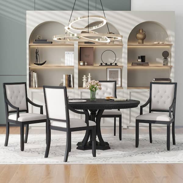 5-Piece Round Black Wood Top Dining Room Set Seats 4