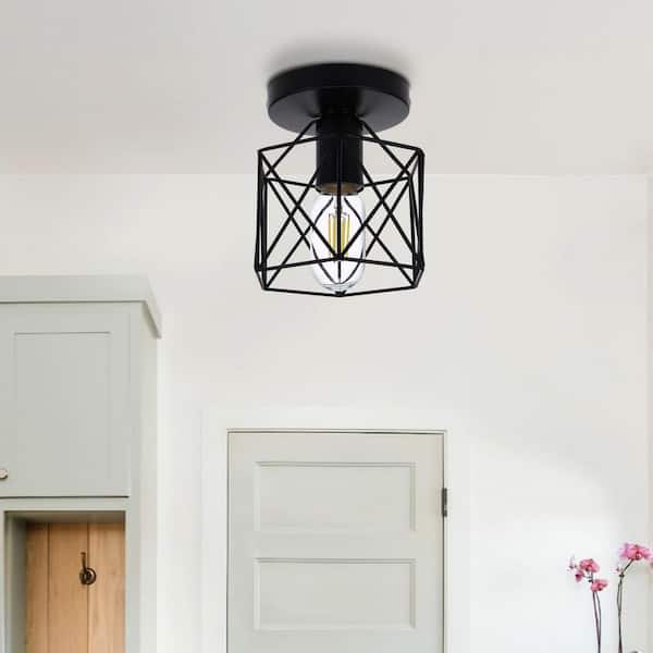 6 in. 1-Light Black Industrial Semi-Flush Mount Ceiling Light, with Metal Cage Shade for Porch and Hallway