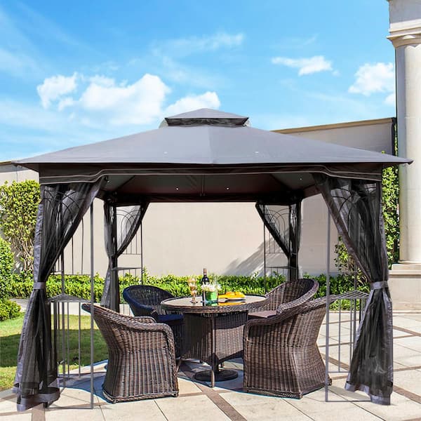 Unbranded 10 ft. x 10 ft. Outdoor Patio Gray Steel Gazebo Canopy Tent with Ventilated Double Roof and Detachable Mosquito Net