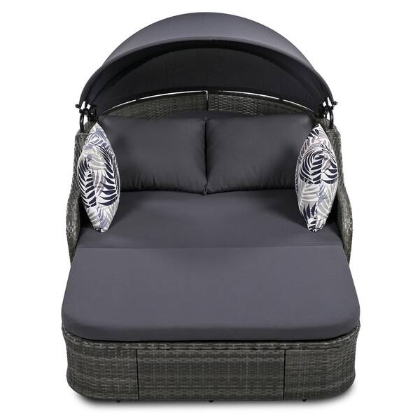 JimsMaison Gray Wicker Outdoor Day Bed with Gray Cushions and Pillows
