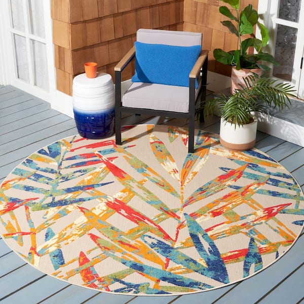 Cabana Ivory/Navy 3 ft. x 3 ft. Palm Leaf Round Indoor/Outdoor Area Rug