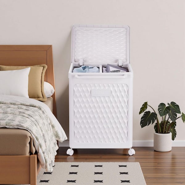Rolling Laundry Hamper with Lid and Wheels-Dual Compartment, Foldable Plastic Basket for Easy Carry, White (100 L)25 in.