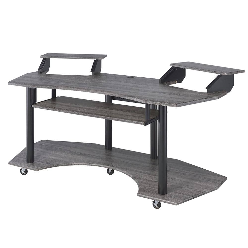 Eleazar Black Oak Studio Desk with Keyboard Tray and Speaker Stands